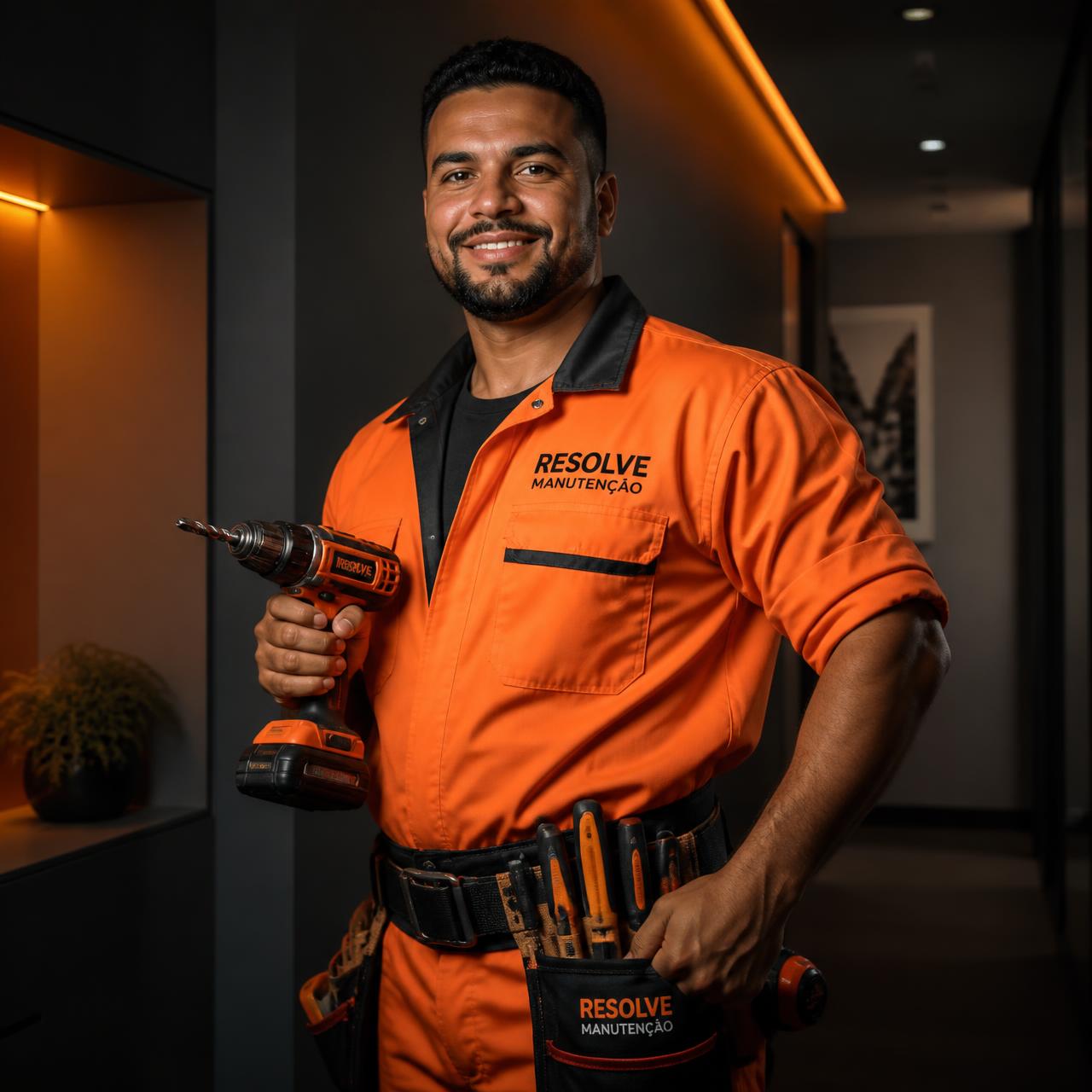 Profissional do Tudo Serviços com uniforme laranja e furadeira